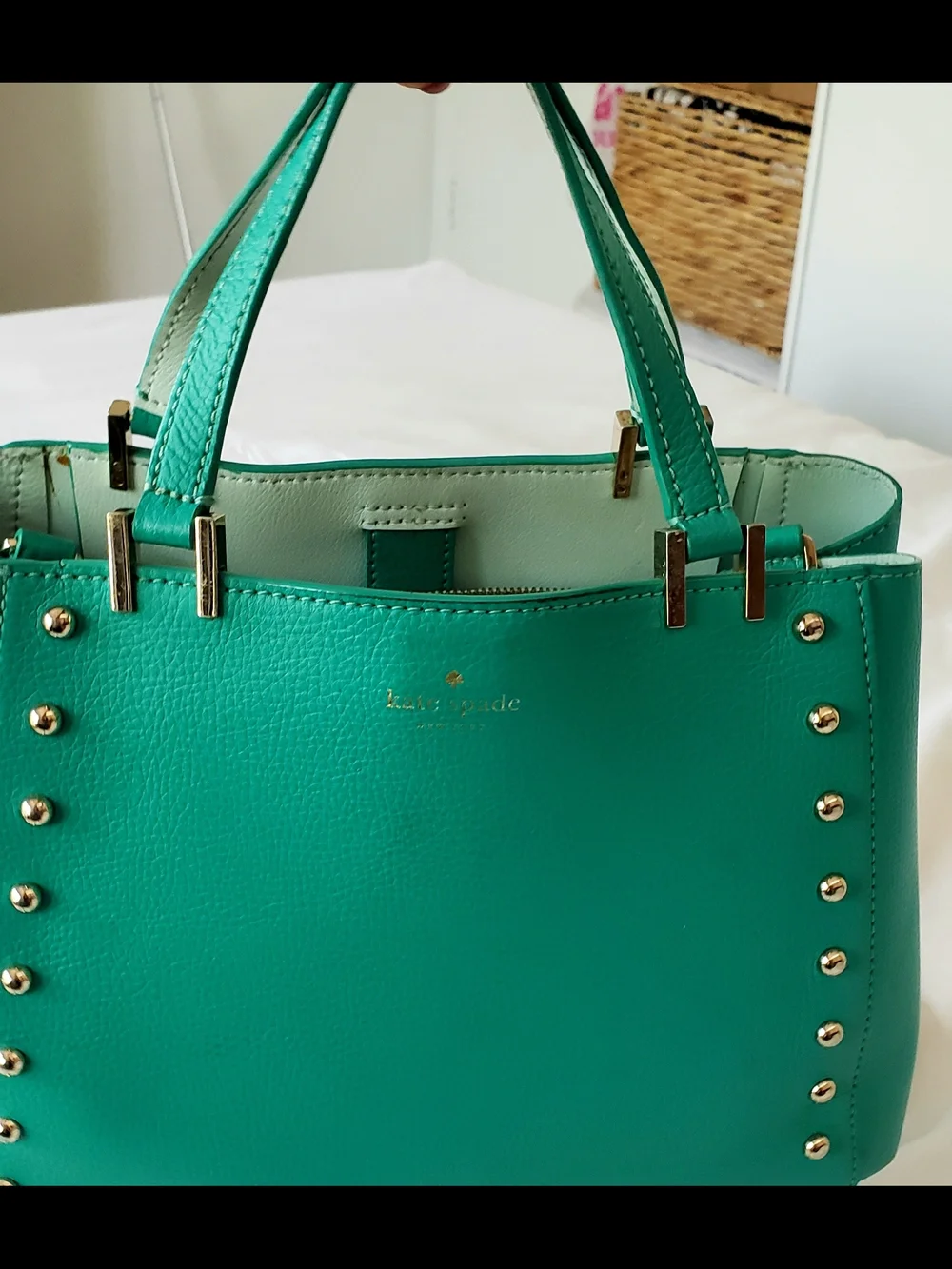 kate spade turquoise pebbled leather satchel with gold hardware
